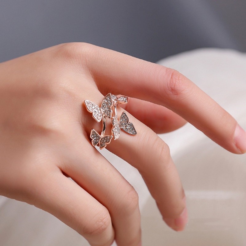 Nhẫn Hở Hình Bốn Cánh Bướm Đính Kim Cương Thời Trang Có Thể Điều Chỉnh Cho Nữ