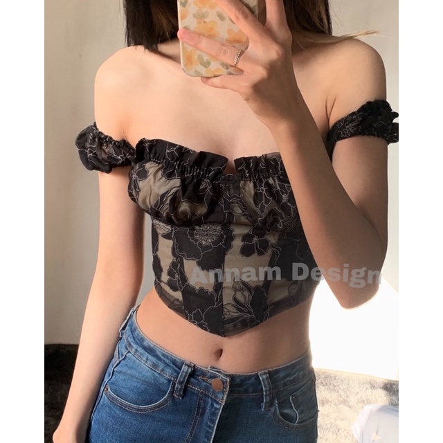 Áo croptop corset tay chun voan chìm Annam Design