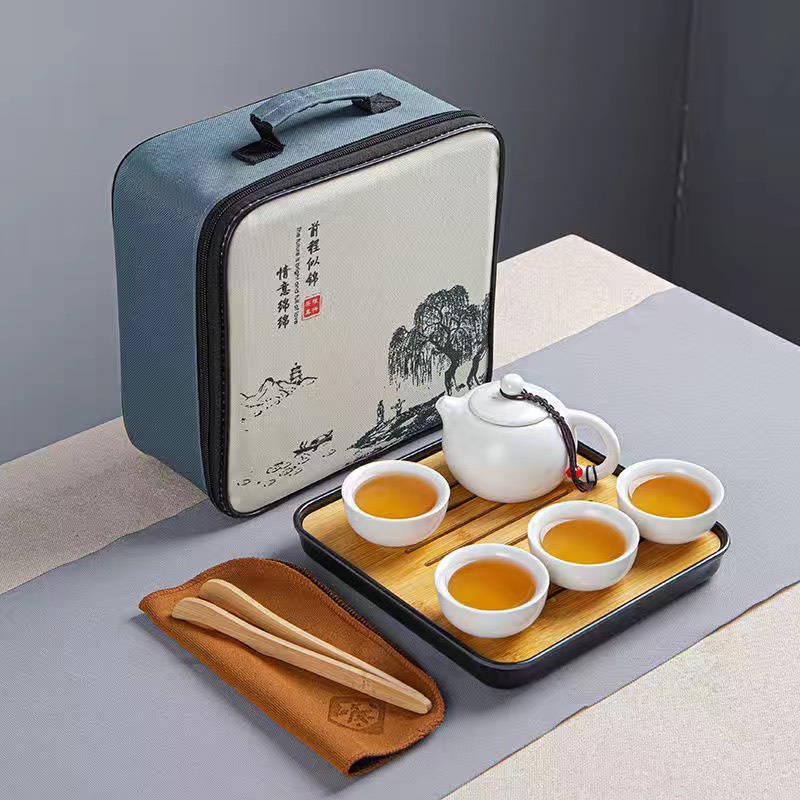 Bộ ấm chén pha trà du lịch bằng sứ cao cấp bộ tách pha trà tử sa có túi xách kèm khay trà và gắp chén tre khăn lau