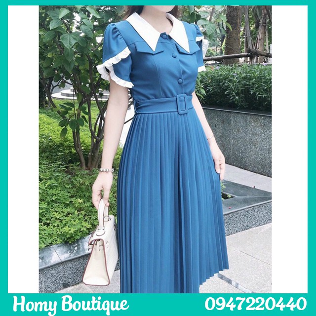 Váy Công Sở - Váy Xòe Xếp Ly Xanh Dập Li Cổ Phối Trắng (Kèm ảnh thật trải sàn do shop tự chụp)