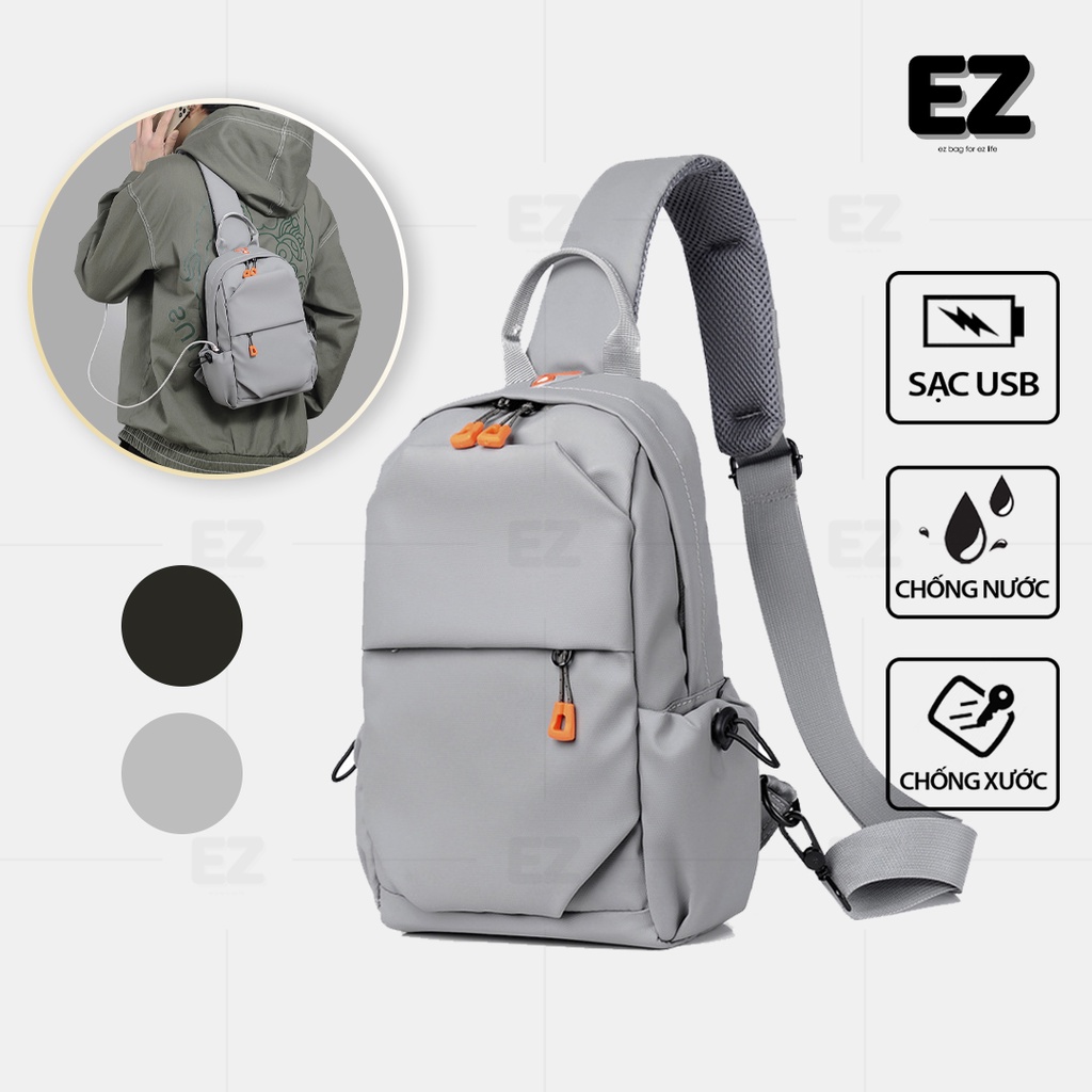 Túi đeo chéo nam chất TC02 vải Oxford chống nước, Balo đeo chéo có cổng sạc USB ngăn chống trộm thông minh
