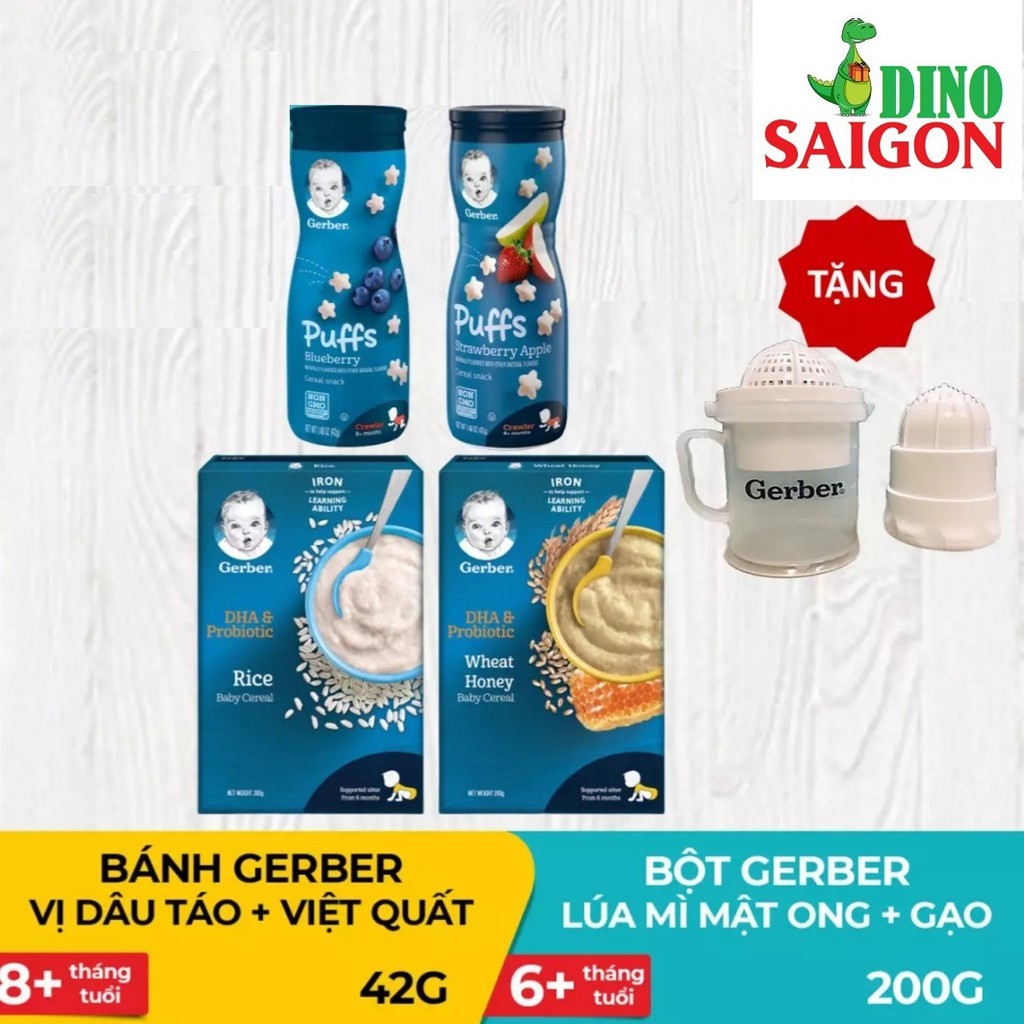 [Tặng Dụng cụ vắt cam] Bộ 2 hộp Bột Gerber Lúa mì Mật ong & Bột gạo 200g + 2 hộp bánh Gerber vị Việt quất & Dâu táo 42g