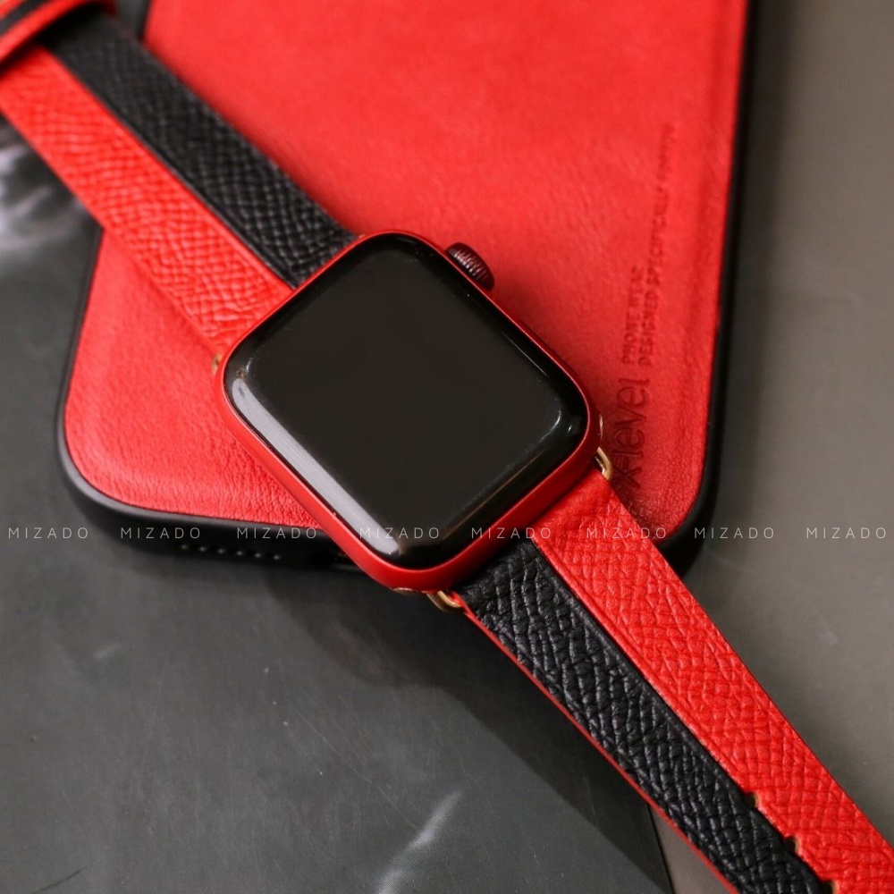 Dây da thủ công Epsom Đen Mix Đỏ dành cho Apple Watch Series 1/2/3/4/5/6/7/SE, đồng hồ thông minh, đồng hồ cơ MIZADO