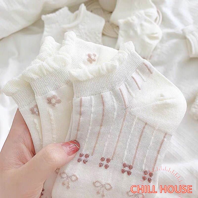Tất nữ-tất cổ ngắn nền trắng hoạ tiết hình hoa kute T783 CHILL HOUSE