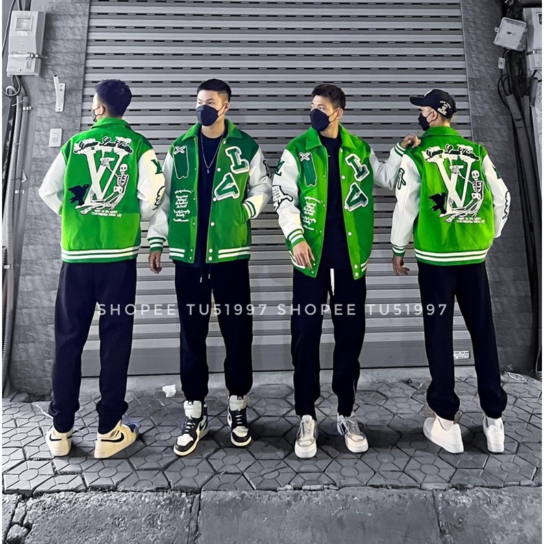 VARSITY JACKET BOMBER VL - Áo khoác nỉ lót bông LV Xanh Lá Siêu Hot