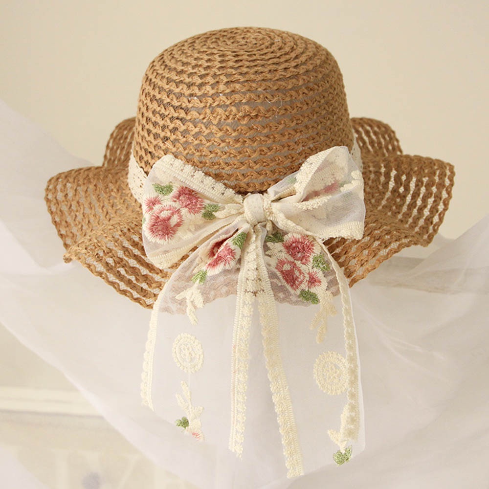 Mũ cói BEAR LEADER vành rộng phối ren hoa tùy chọn màu sắc thời trang mùa hè 2022 cho bé gái