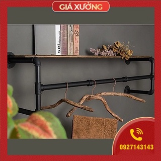 Kệ ống nước Kệ treo gắn tường kiêm giá treo quần áo 20x80x30cm Chất liệu gỗ , ống sắt 3ly cứng cáp trang trí quán