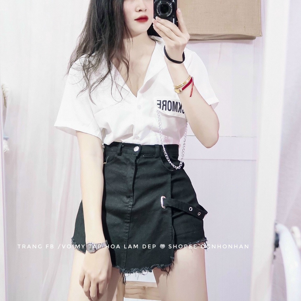 áo croptop sơ mi nắp túi tặng kèm xích cá tính