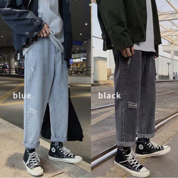 Quần Jean Baggy Nam Rách Gối Màu Xanh Và Màu Đen Ống Rộng Hàn Quốc Hot Trend 2020-B04 2022