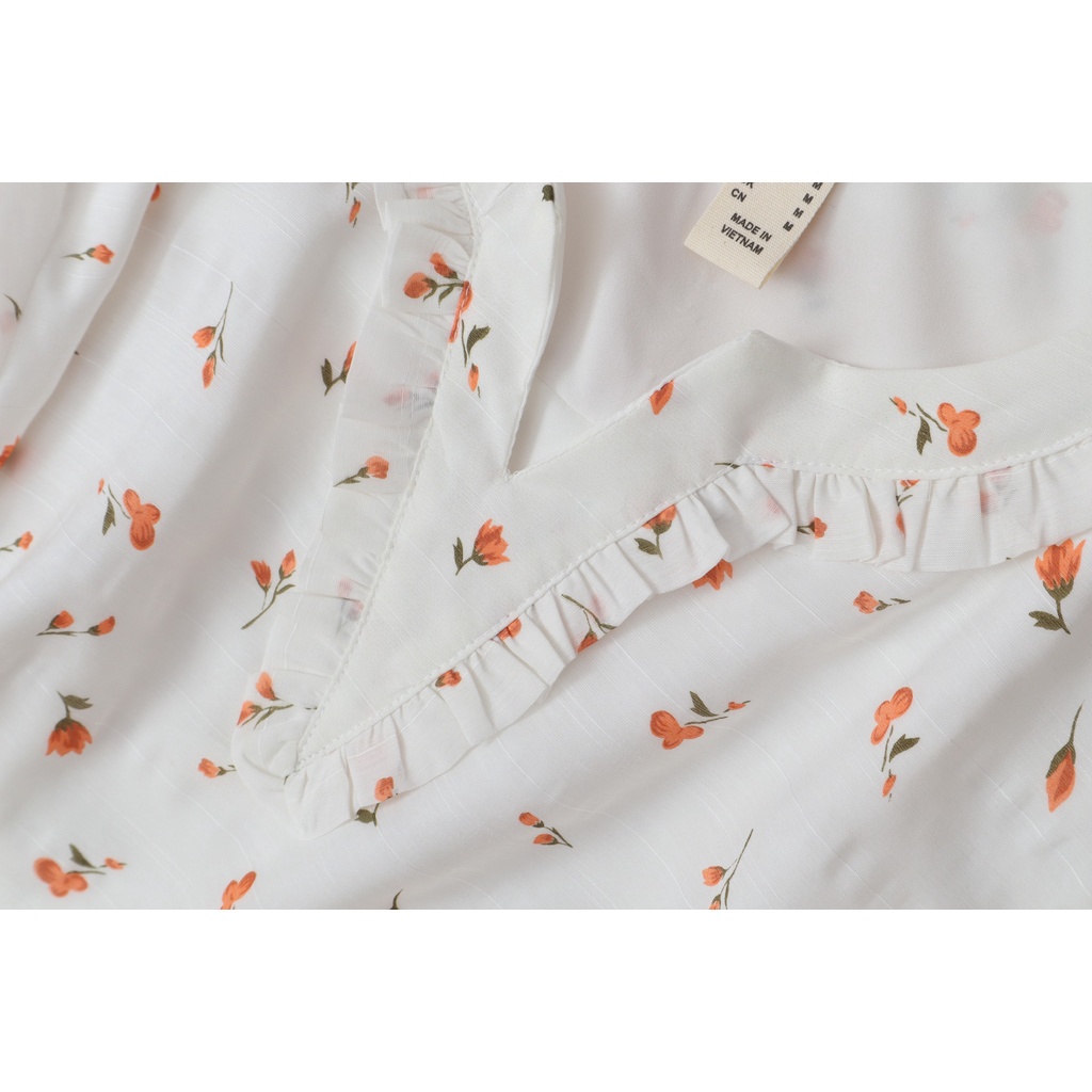 Áo kiểu nữ cổ V tơ cotton phối bèo họa tiết hoa trung niên cao cấp, cho chị, cho mẹ đi chơi, đi tiệc - KACHISA 560