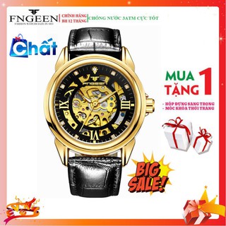 Đồng hồ nam, chính hãng FNGEEN,  dây da bò xịn, lộ cơ ở mặt và đáy, mặt kính chống chầy xước, chống nước tốt-BH 1 NĂM