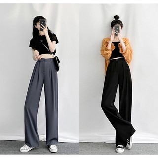 Quần ống rộng nữ lưng cao công sở vải tuyết mưa khóa giữa mền mát Quần suông ống rộng cá tính màu đen mặc đi học sinh