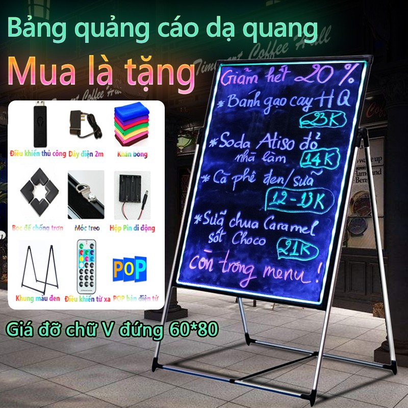 Bảng menu quảng cáo quán cà phê size 60*80 đèn led nhấp nháy phát sáng bảng đen có thể viết tay YA23