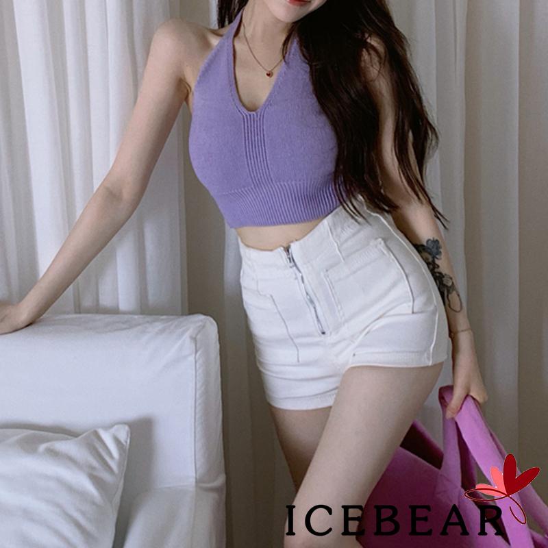 Áo croptop dệt kim không tay cổ chữ V màu trơn thời trang cho nữ