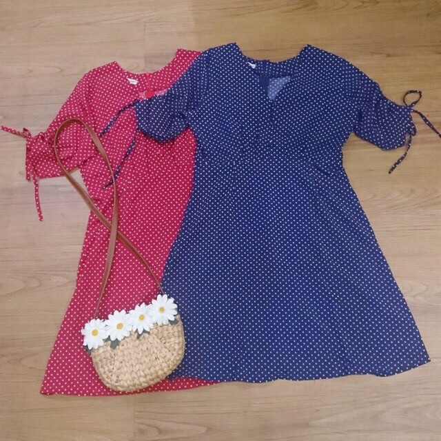 DX642 - Đầm Xòe Đi Biển Chấm Bi Nhún Tay Nhiều Màu