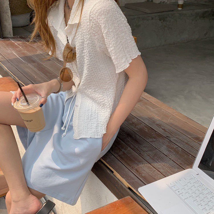 SUXI Áo sơ mi nhún nếp tay ngắn phong cách Hàn Quốc vintage thời trang cho nữ