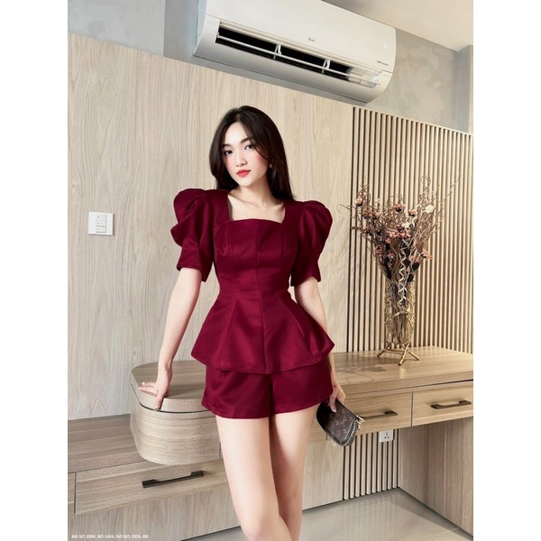 Set bộ áo peplum tay phồng phối quần đùi hàng có size cho bạn nữ dạo phố