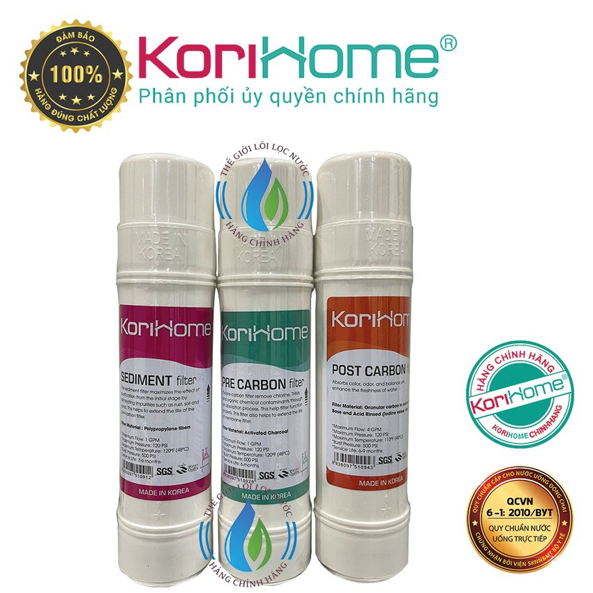 Combo 3 lõi lọc Korihome giúp loại bỏ mùi hôi và các hóa chất hữu cơ