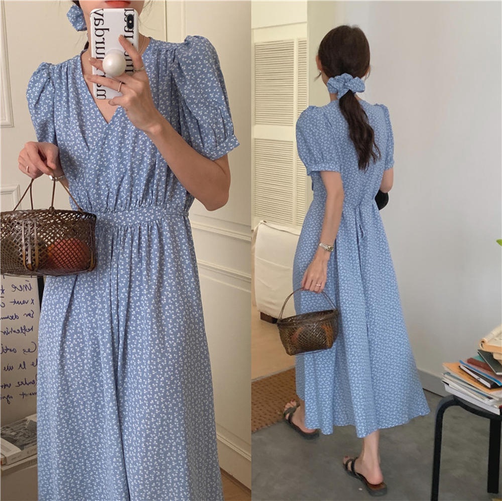 Đầm Tay Ngắn Dáng Ôm Cổ Chữ V In Hoa Thời Trang 50814