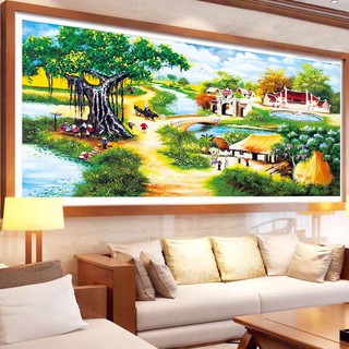 tranh thêu chữ thập phong cảnh làng quê cây đa giếng nước sân đình kt 226x122cm
