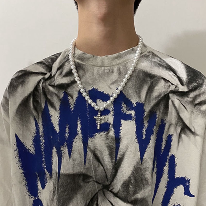 Dây chuyền 22496 mặt thánh giá đính ngọc trai phong cách hip hop thời trang đường phố độc đáo