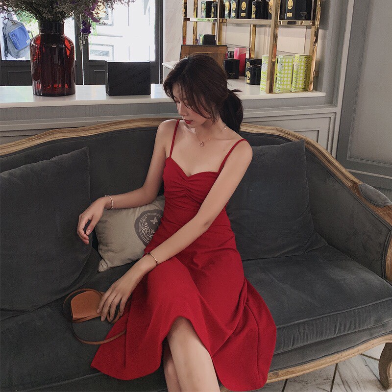 Váy body 2 dây 2 màu đỏ/đen