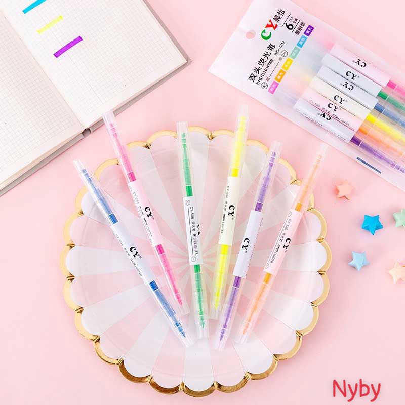 Set 6 bút highlight pastel dạ quang 2 đầu Goo siêu êm