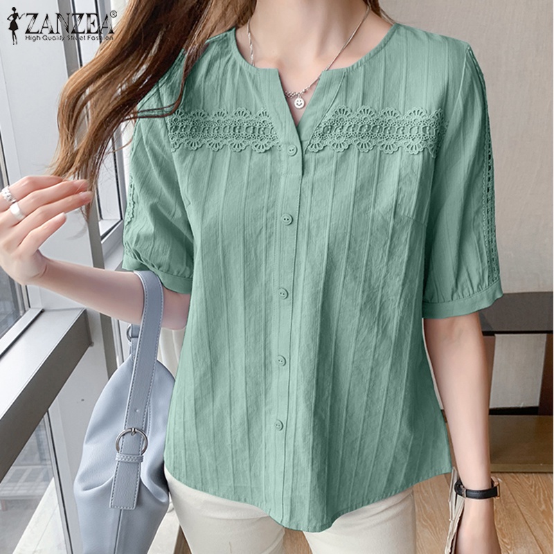 Áo kiểu ZANZEA cho nữ tay lửng cổ chữ V phối ren thời trang
