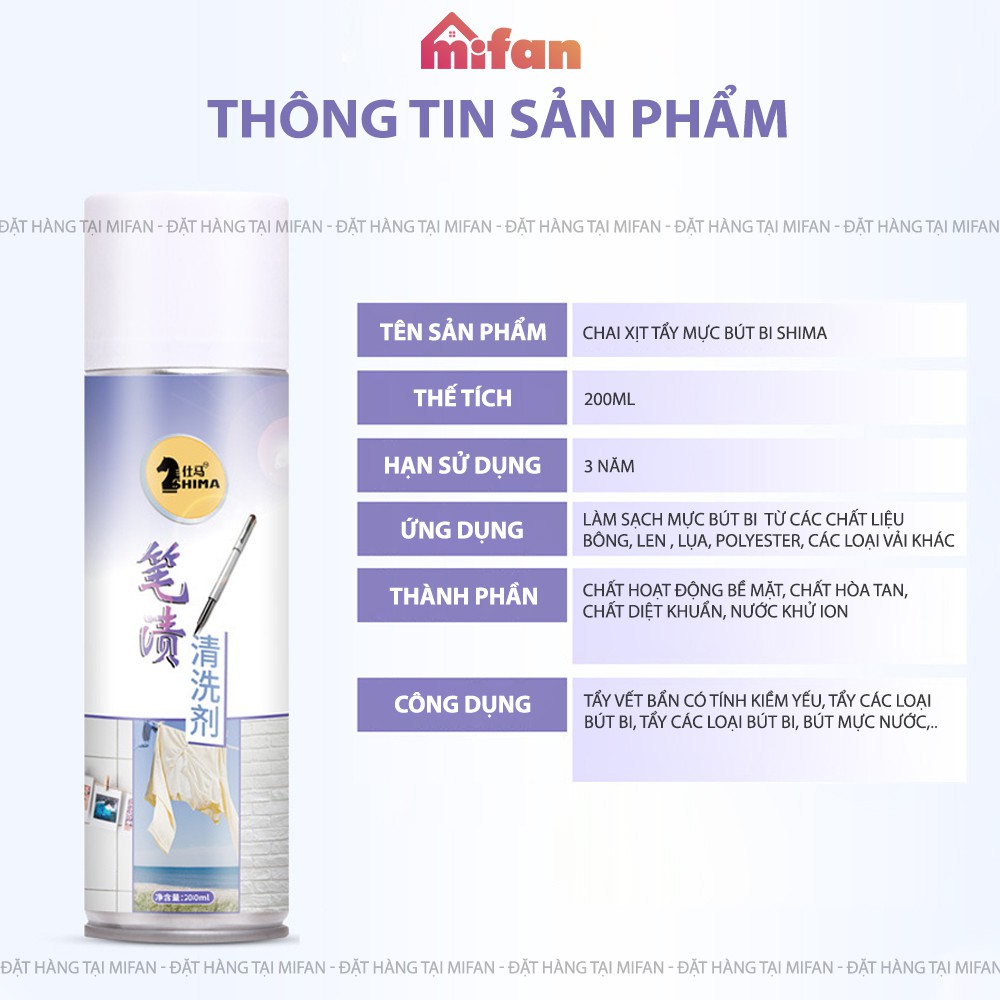 Bình Xịt Tẩy Mực Trên Quần Áo Shima 200ml - Tẩy Sạch Vết Bẩn Bút Bi, Bút Mực, Bút Màu Trên Vải - Không Phai Màu - MIFAN