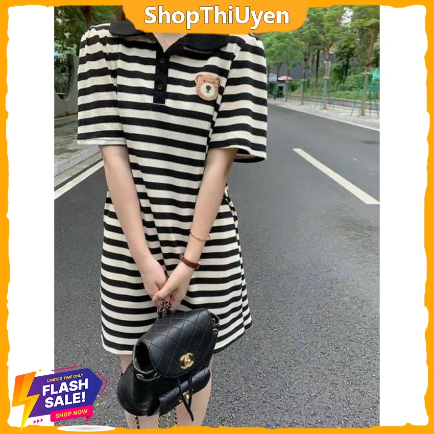 Đầm thun gân kẻ sọc thêu hình gấu cổ áo polo dáng suông xinh xắn