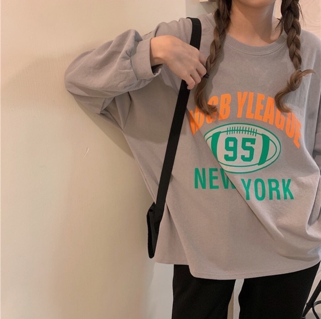 Áo pull NY T-SHIRT áo thun oversize tay dài form rộng hoạ tiết chữ basic dễ mix hàng nhập quảng châu chất thun xịn