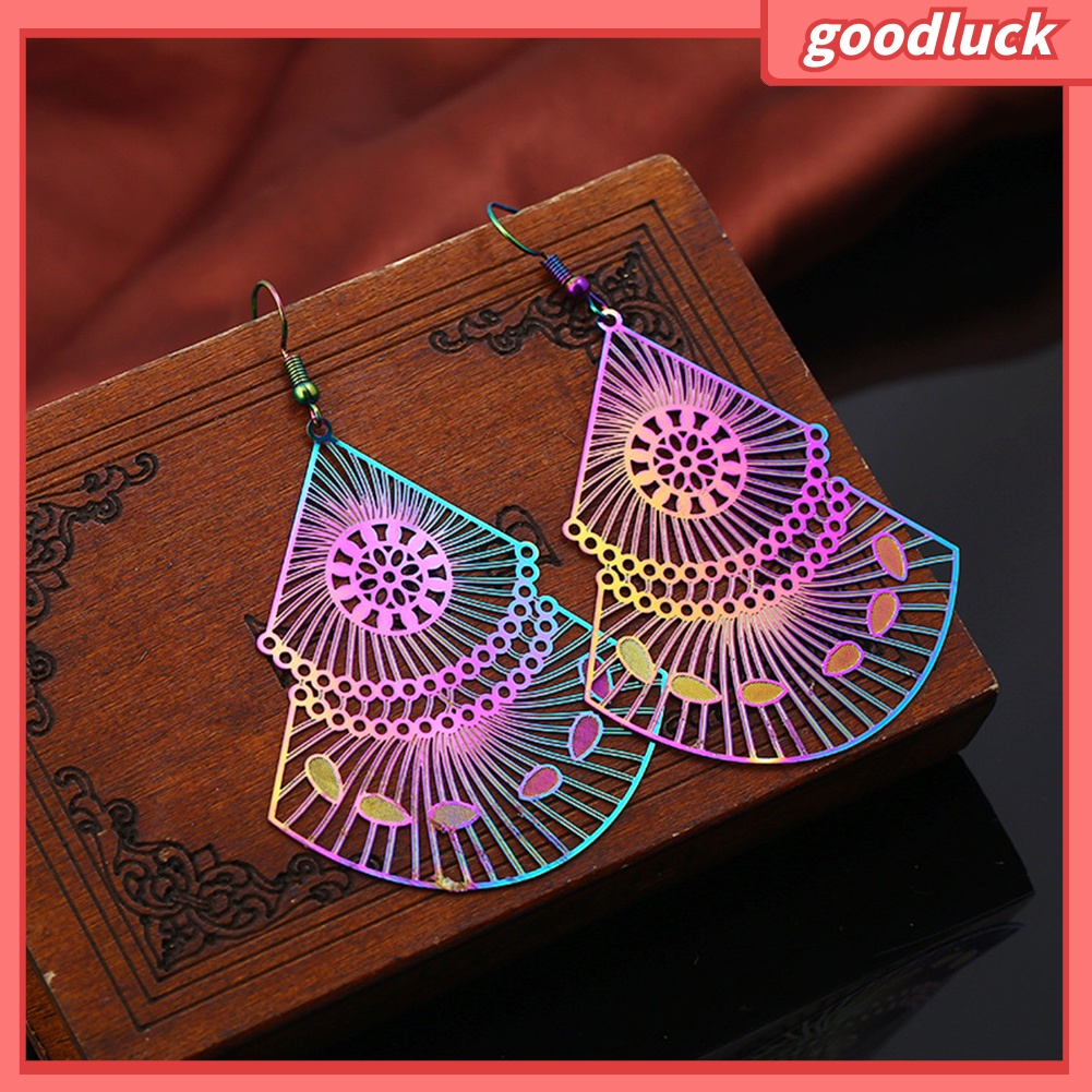 Khuyên tai dáng thả phối mặt hình quạt khoét rỗng nhiều màu tùy chọn thời trang cho nữ