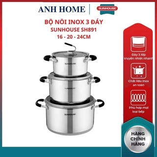 Bộ nồi inox 5 đáy bếp từ sh891 sunhouse 16cm 20cm 24cm chất liệu inox sáng bền cao cấp không han gỉ