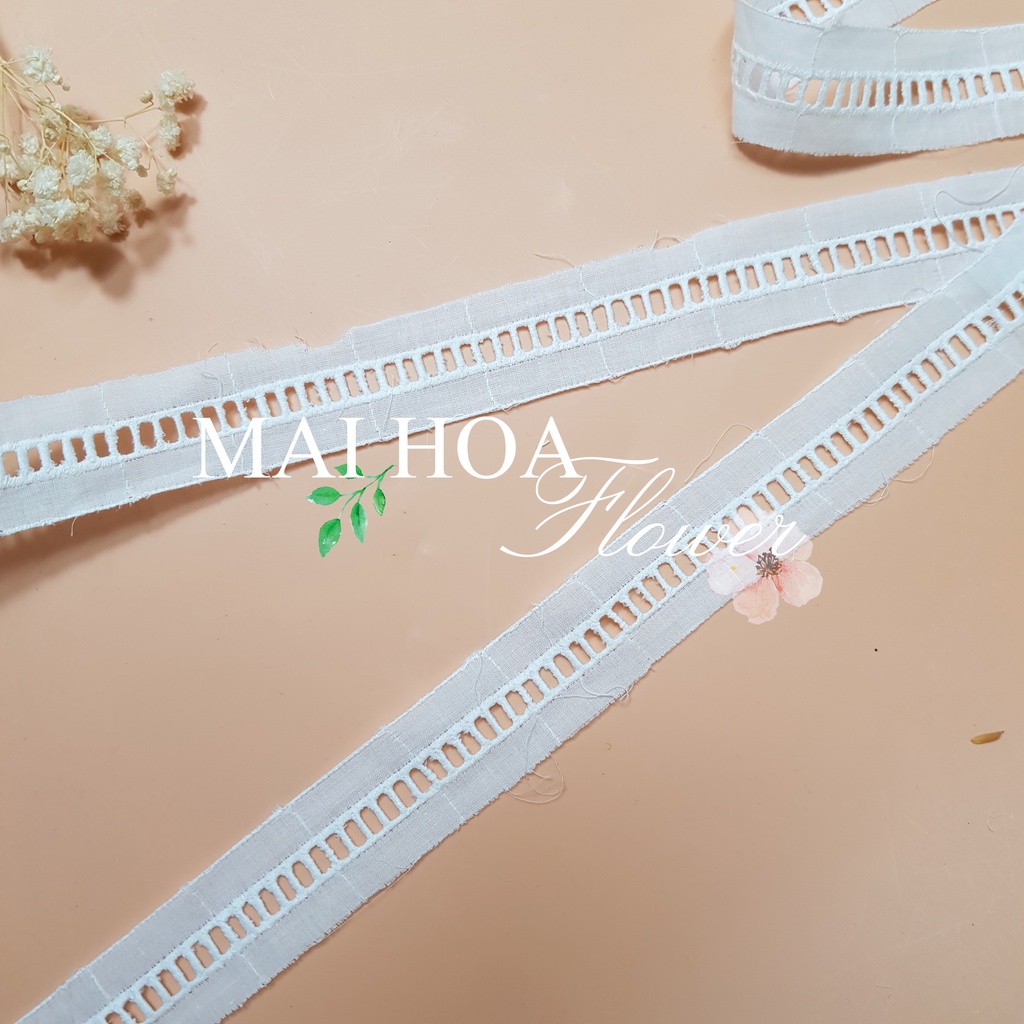 [Size 1cm] Dây ren viền trang trí quần áo chất vải thô boi trắng họa tiết bậc thang dài 13 mét rộng 1cm Maihoafabricr