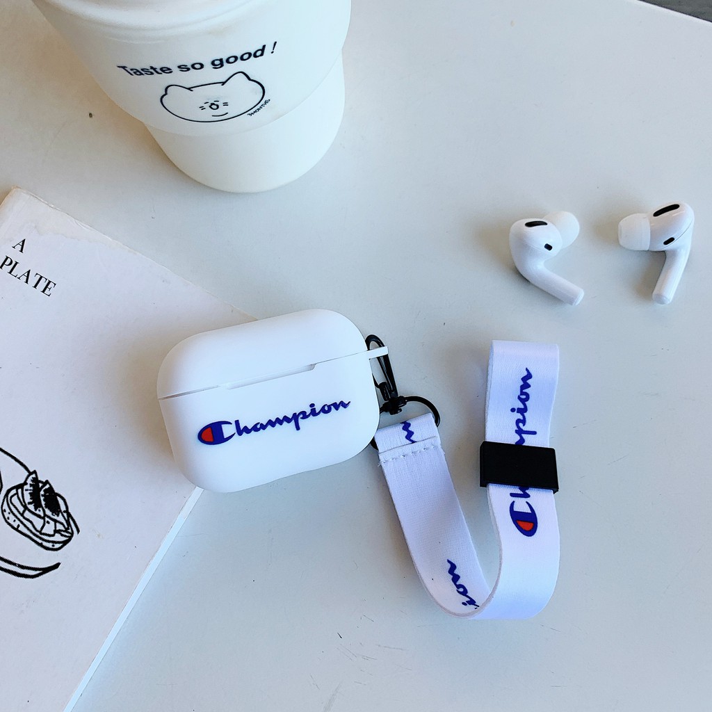 Vỏ Bảo Vệ Hộp Sạc Tai Nghe Airpods Pro 1 / 2 Bằng Tpu Mềm Họa Tiết Champion Có Dây Đeo Tiện Dụng