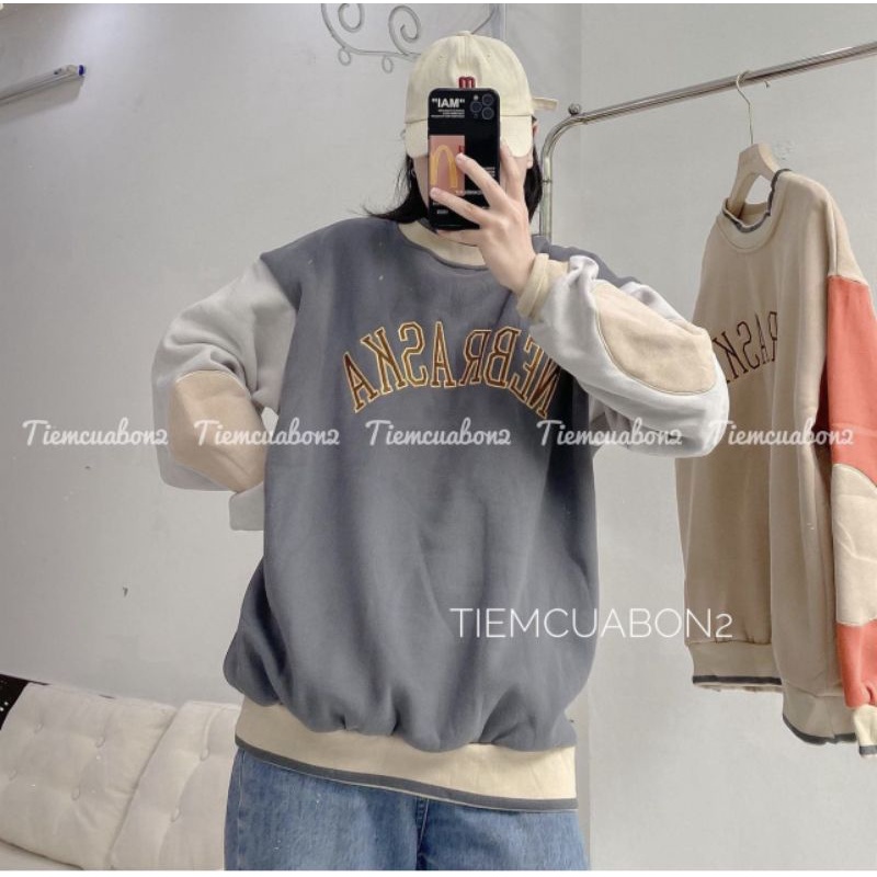 Áo Sweater Phối Tay NEBRASKA Hot Trends Hình Thêu Siêu Xịn, Tay Bồng Form Unisex, Chất Nỉ Cotton Dày Mịn (ảnh thật 100%) | BigBuy360 - bigbuy360.vn