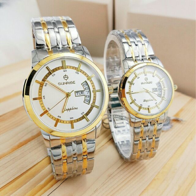 Đồng hồ đôi SUNRISE dây đơmi hàng cao cấp chống nước tuyệt đối (tặng cặp pin chính hãng)