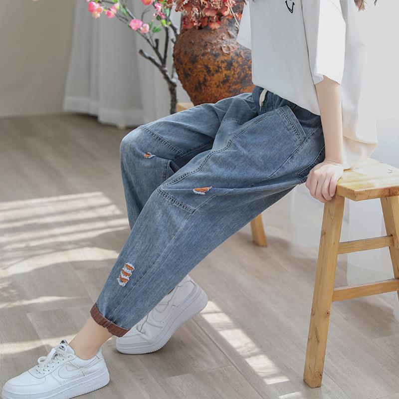 Quần Jean Dài Mỏng Dáng Rộng Rách Gối Lưng Thun Thời Trang Mùa Hè Kiểu Mới Cho Bạn Gái