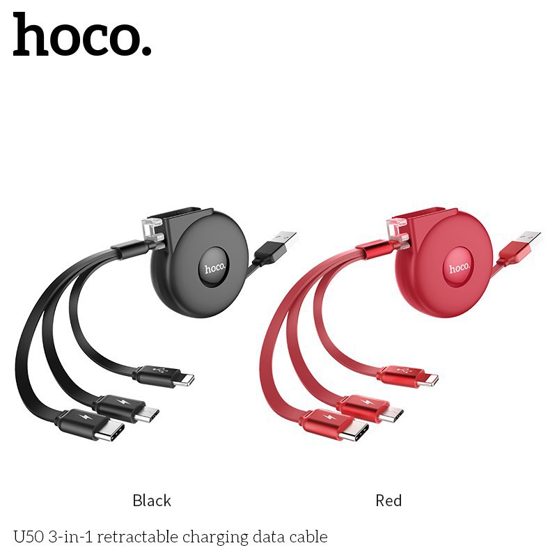 (BH 1 năm HOCO )Cáp sạc dây rút 3 in 1 U50 (Micro, Lightning, Type-C)