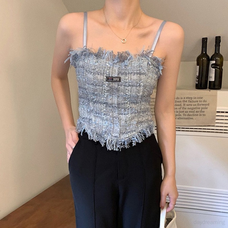 Áo Croptop Không Tay Có Mút Đệm Phối Tua Rua Thời Trang Hàn Quốc Cho Nữ
