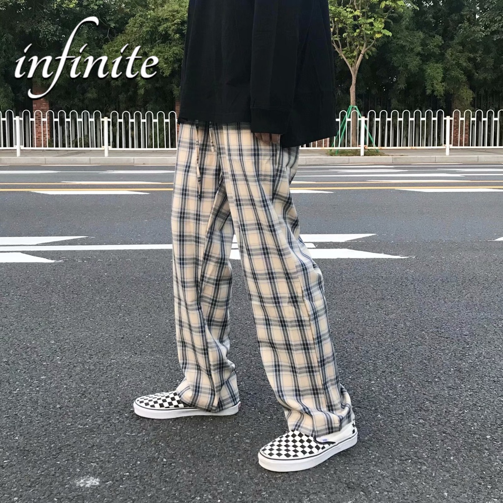 Quần Dài Thể Thao Ống Rộng Họa Tiết Sọc Caro Phong Cách Hàn Quốc Thời Trang Xuân Thu Mới Cho Nam Và Nữ