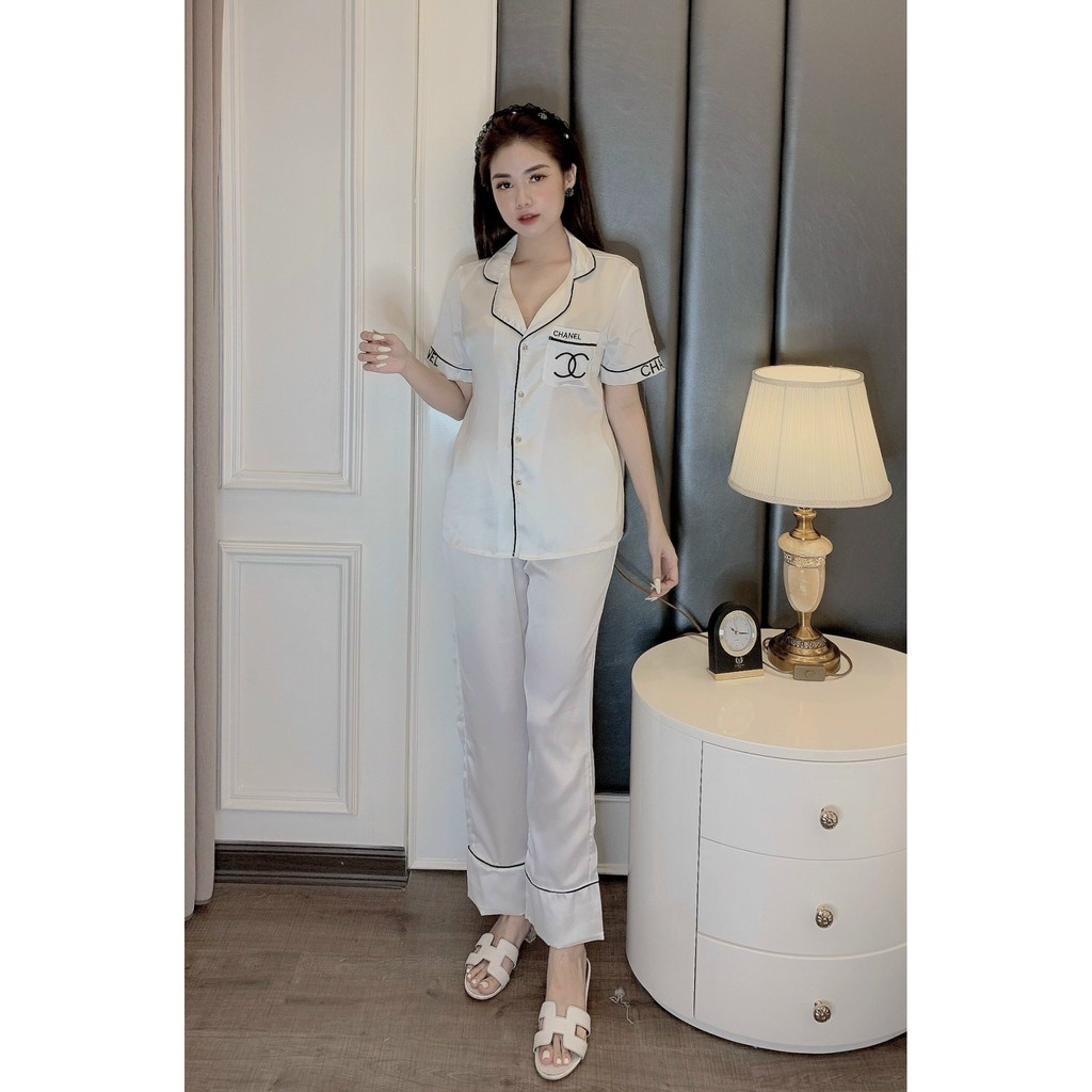 Bộ Ngủ Lụa Satin Đồ Bộ Pijama Lụa Cộc Tay Quần Dài Cha.nel Thêu BN10.2 NoBrandSilk