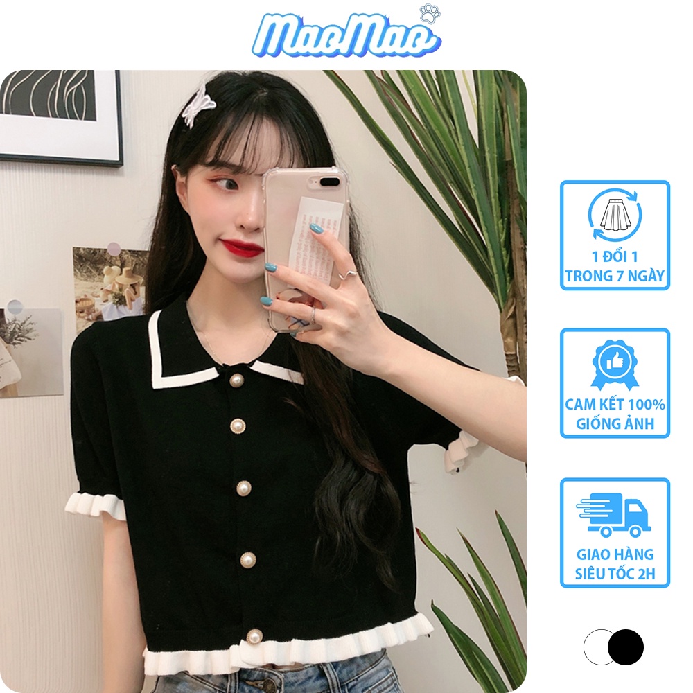 Áo Ulzzang nữ dáng croptop cổ Polo chất len tăm đen viền trắng độc đáo phong cách Hàn Quốc C23 - MaoMao