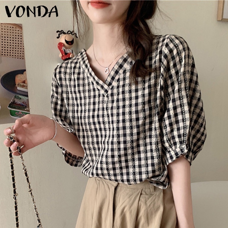 Áo kiểu VONDA tay ngắn cổ chữ V họa tiết kẻ sọc phong cách Hàn Quốc thời trang cho nữ