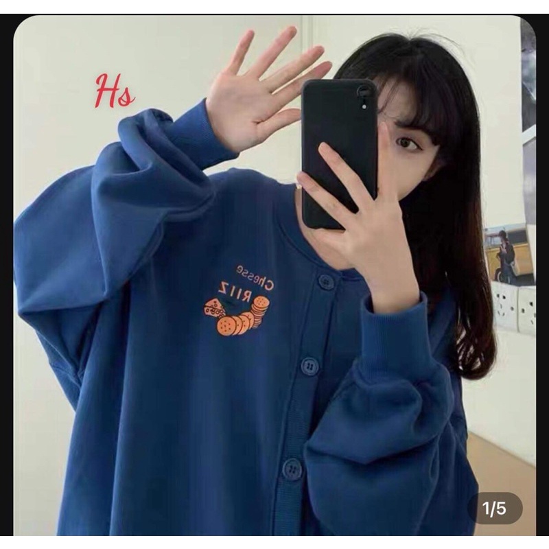 Áo Cardigan Nỉ RIIZ Cúc Cài Dáng Rộng 🦋 Áo Khoác Nữ Dáng Rộng Dài Tay In Hình 3 Màu 🦋