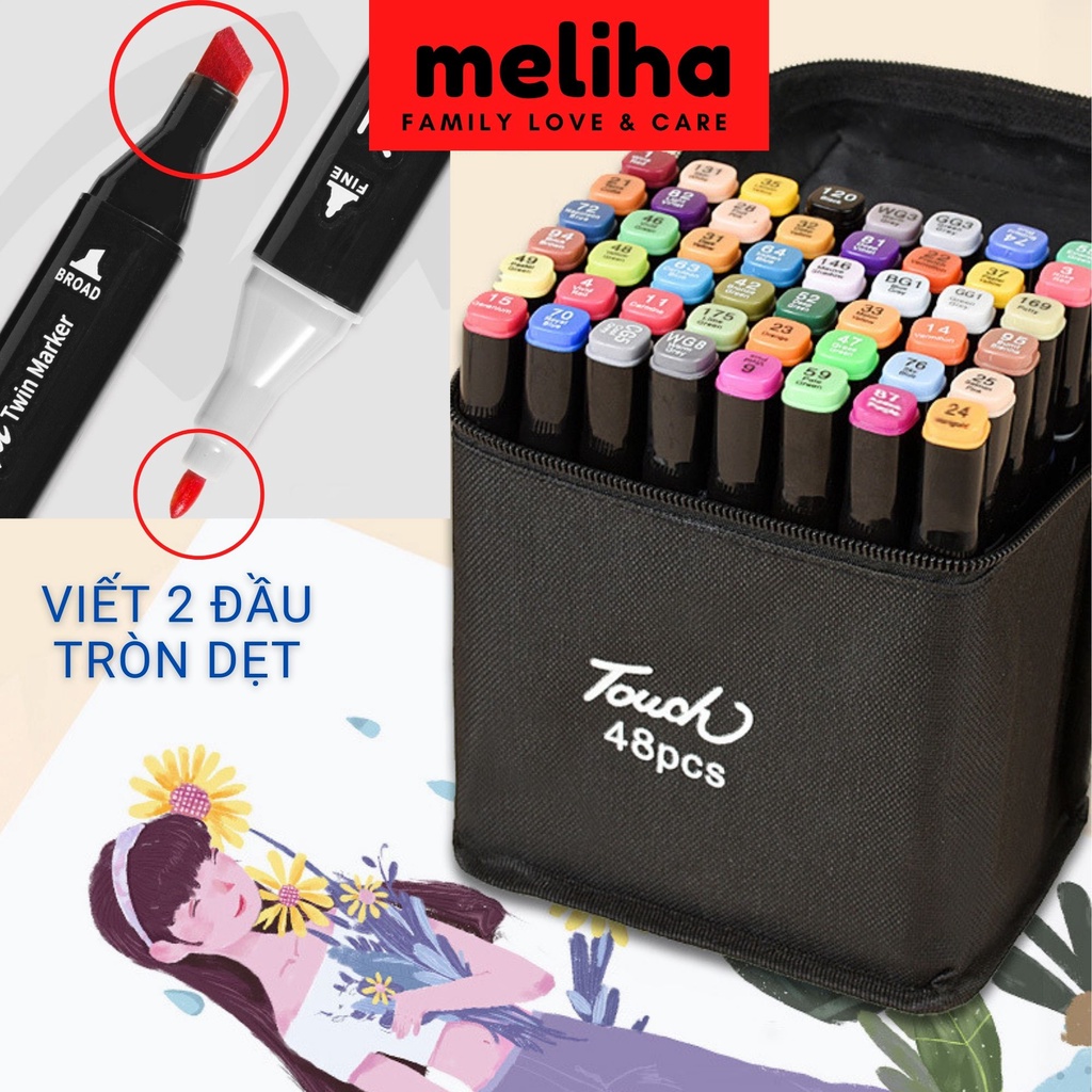 Túi bút dạ 48 màu, bút lông Mika màu tươi thắm ngẫu nhiên đủ các tông độ, Meliha tặng gói khăn giấy