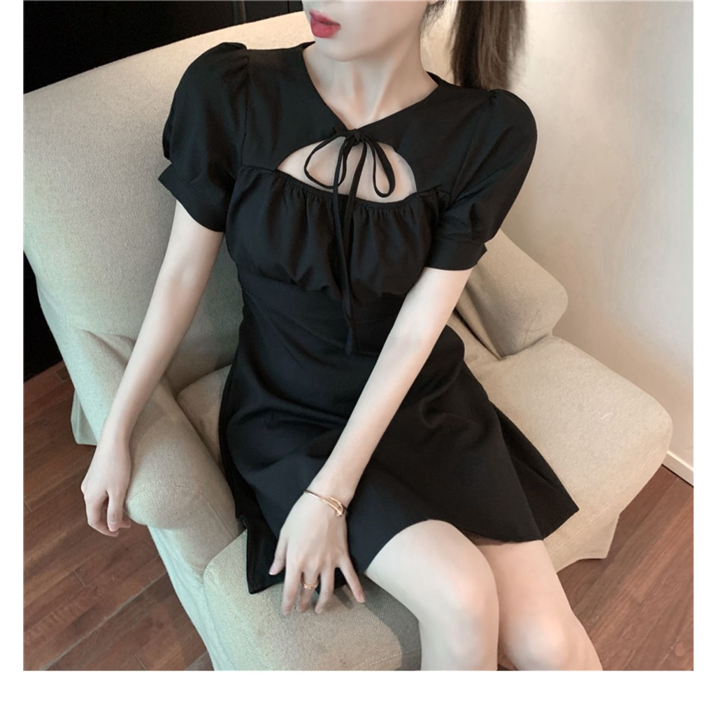 Váy sơ mi, váy công chúa, đầm tay phồng chữ a khoét ngực buộc dây, đầm ngắn thắt nơ nhúm ngực nữ tính | BigBuy360 - bigbuy360.vn