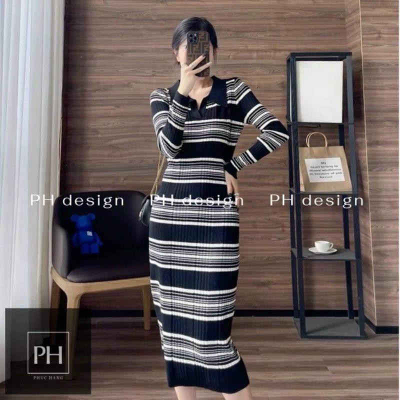 Váy len kẻ dài tay cổ bẻ hàng QCL1