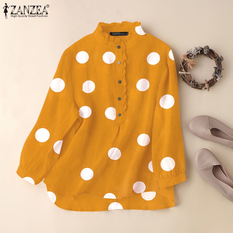 Zanzea Áo Tay Dài Cổ Đứng Nhún Bèo Họa Tiết Chấm Bi Dành Cho Nữ