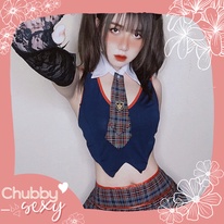 Cosplay Học Sinh Phá Cách Nhật Bản - Set Đồ Ngủ Sexy Hoá Trang Học Sinh Áo Zile Kèm Cavat Váy Caro - CPL43 - Chubby.Sexy